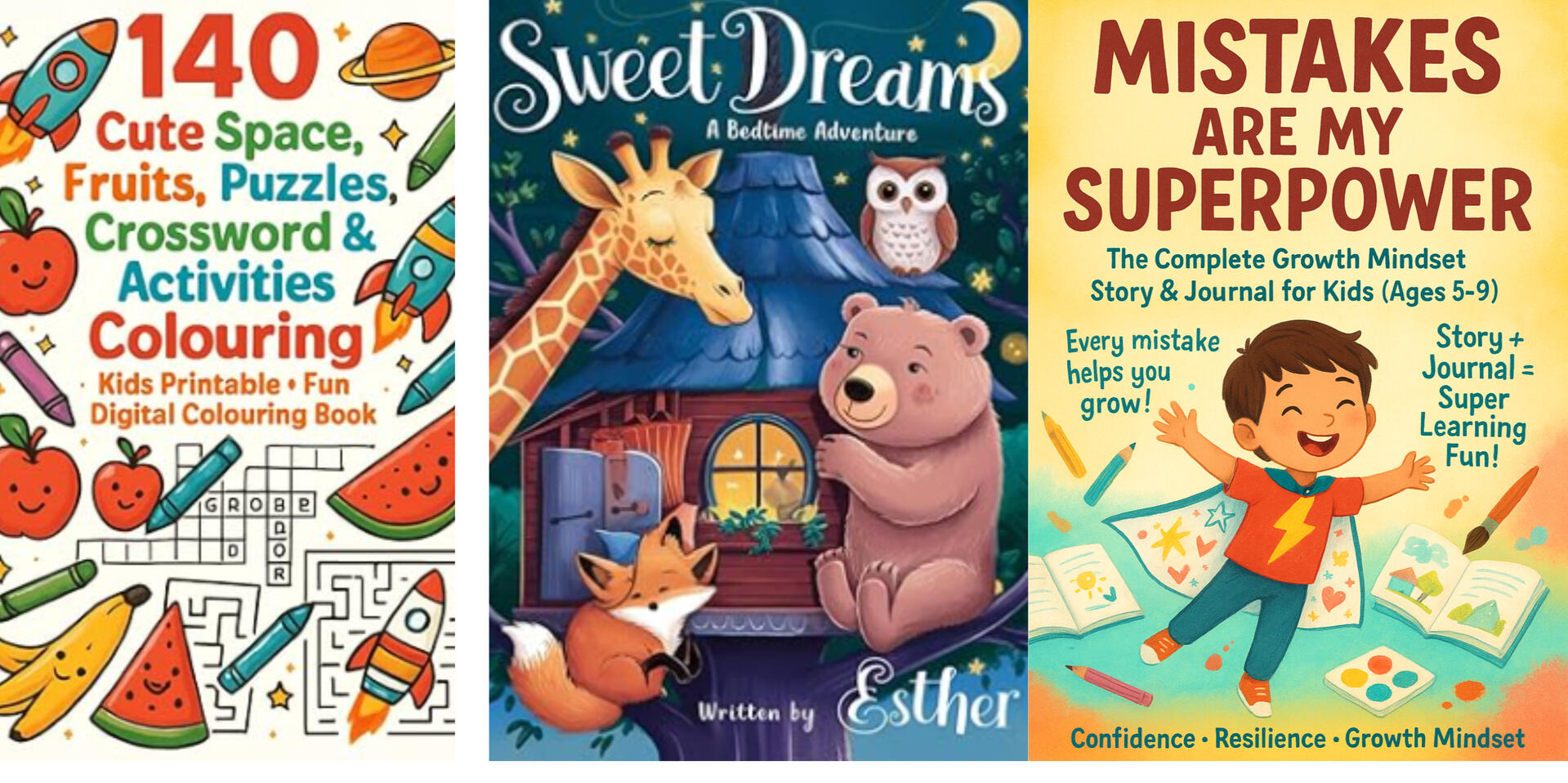 Collage of children’s book covers including Mistakes Are My Superpower, Pandas Love Piñatas, Sweet Dreams, ABC Adventures, activity books, and more.